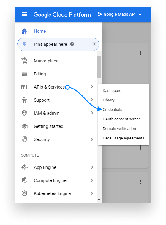 Choose the Credentials option under API & Services