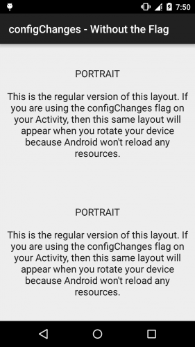 Android - configChanges - Without the Flag - Portrait