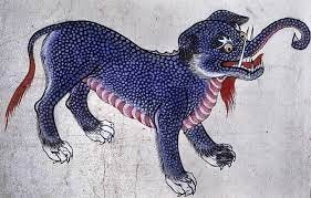 painting of a bulgasari, a cryptid and/or spirit that looks like a blue-scaled tiger with an elephant-trunk like nose