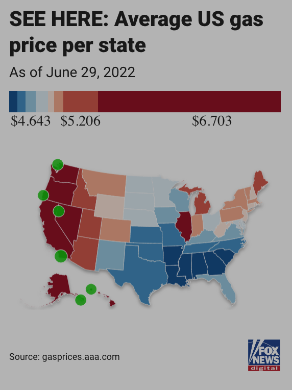 A map of the United States shows different color gradients based on price of gasoline. Blue is cheapest and concentrated in the South, while red is more expensive and found in the west, the midwest, and the northeast.