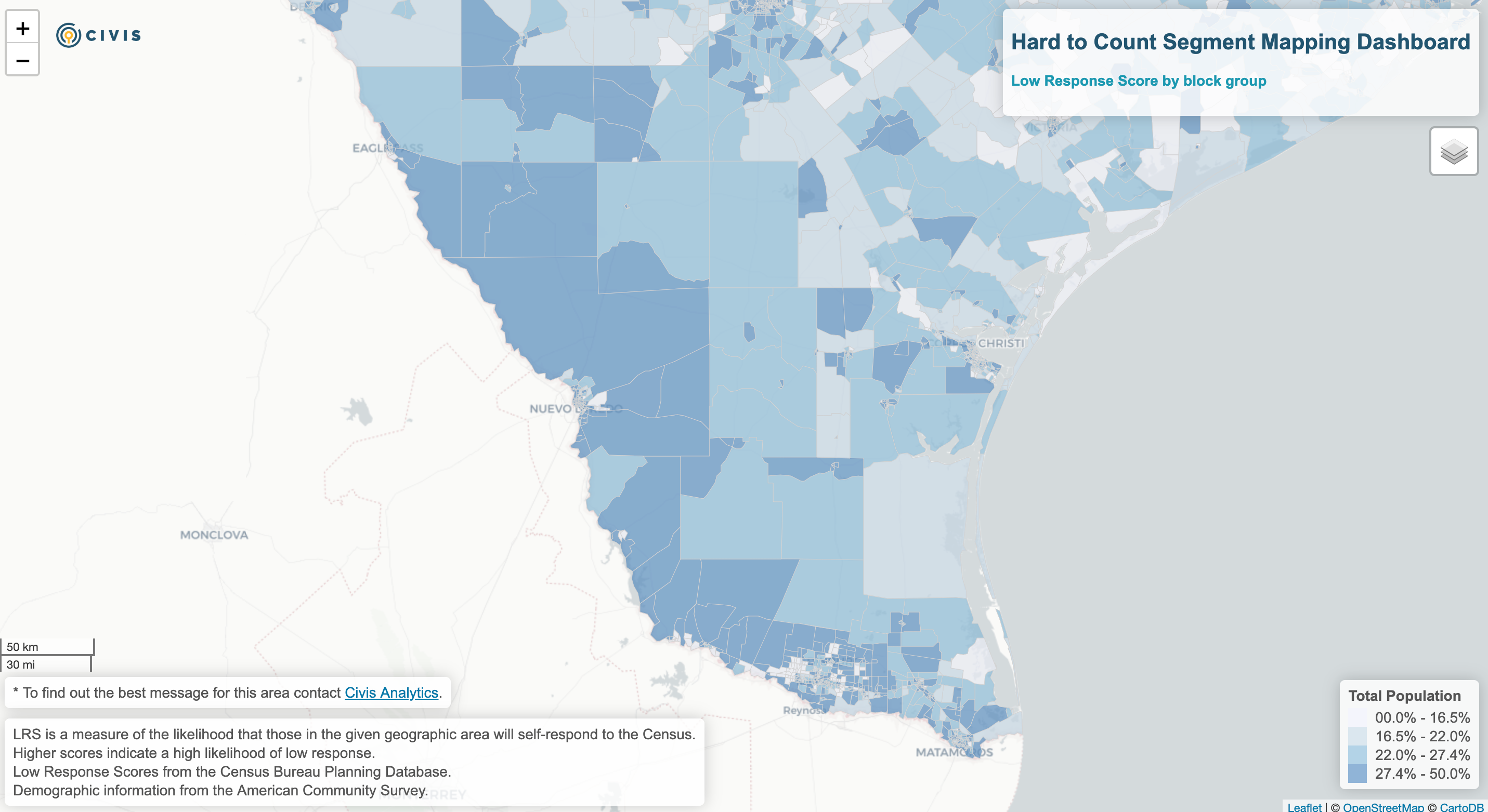 Zoom in of the hard count segment mapping dashboard showing counties in the southern tip of Texas