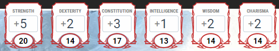 A screencapture of the DnDBeyond character sheet statistics. This character prioritizes the physical stats.