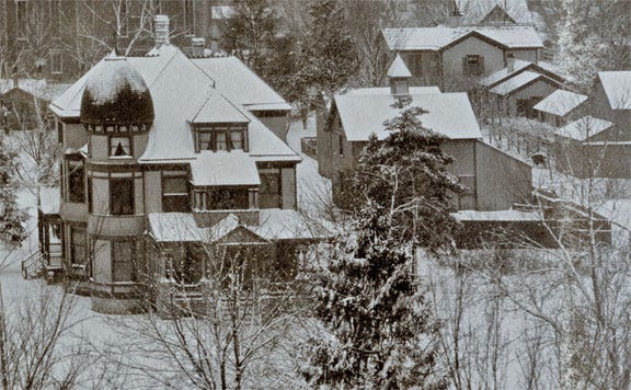 An early winter photo of the Woods home, taken from the cupola of Monmouth College’s Old Main.