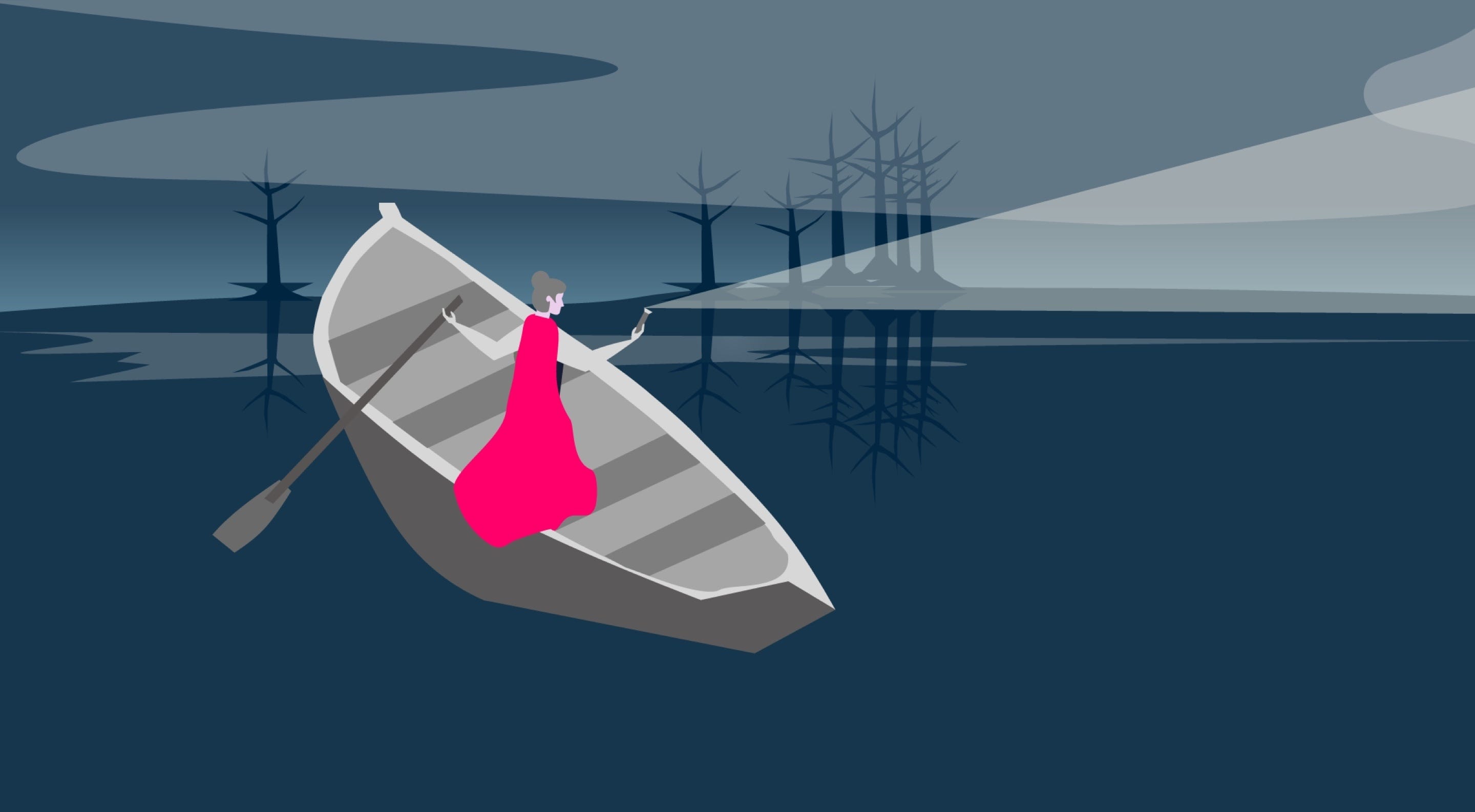 A lady in a pink cape stands on a boat in the middle of a dark lake. She shines a torch into the distance