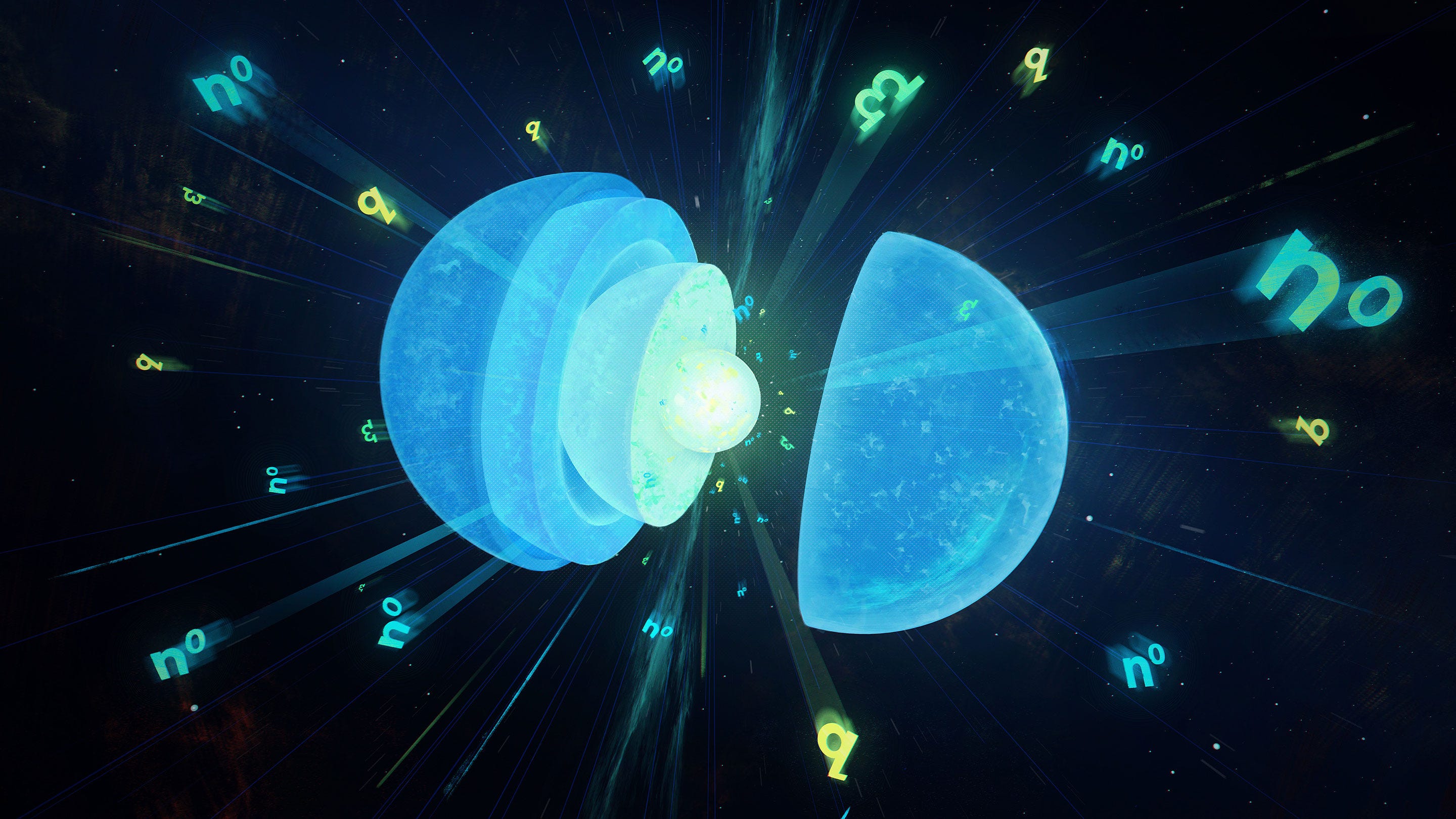 A 3D animation of the ideated “crunchy crust” of neutron star, and squishy or solid quantum fluid in it. A lot blues, greens.