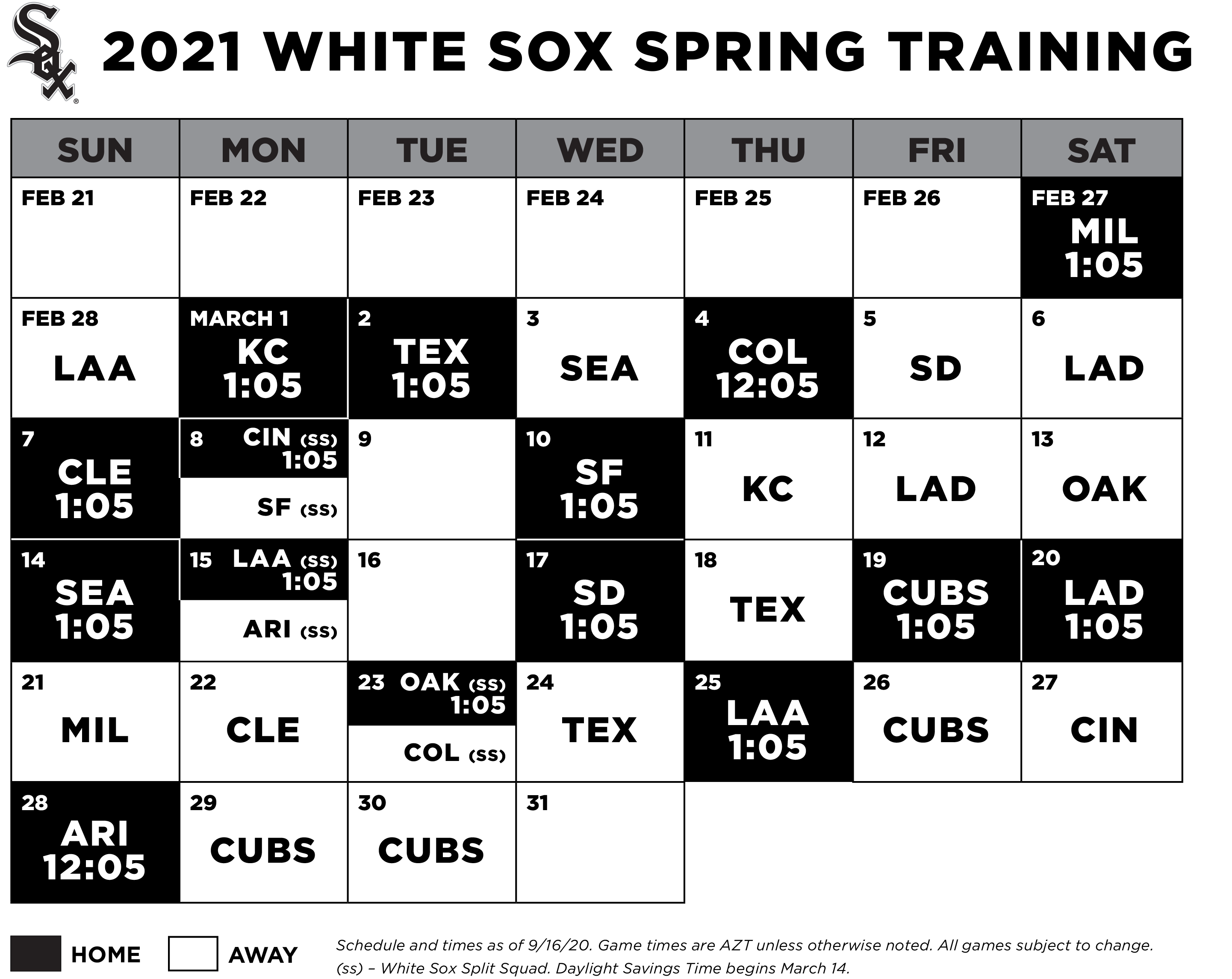 White Sox Announce 2021 Spring Training Schedule By Chicago White Sox