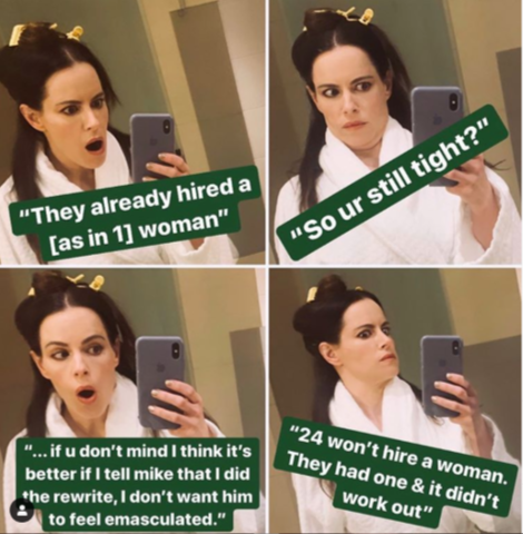 Emily Hampshire of Schitt's Creek (Instagram) reading reactions to Just the Funny Parts