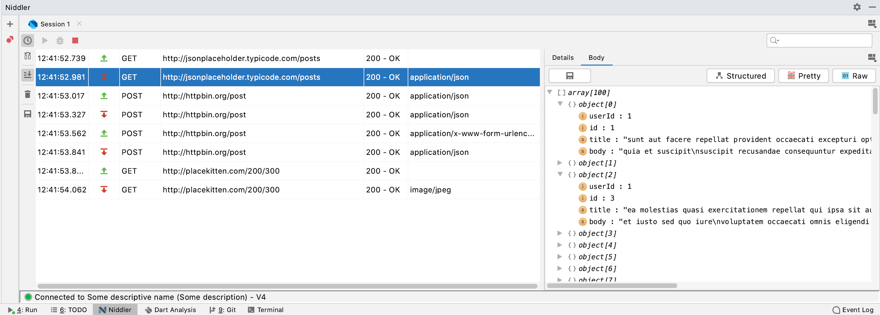 Screenshot of niddler plugin window showing requests and responses in timeline view with response details showing json