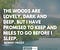 THE WOODS ARE LOVELY, DARK AND DEEP. BUT I HAVE PROMISED TO KEEP AND MILES TO GO BEFORE I SLEEP - ROBERT FROST