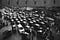 A traffic jam, black and white photo