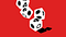 Four die mid-roll on a solid red background. The sides of the die have pictures of coronavirus molecules, skulls, and suns.