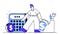 Ilustración de persona con calculadora gigante y monedas con símbolos de dólar.