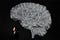 Professor Danielle Bassett poses under a black-and-white illustration of the brains complex structural network.