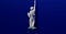 The Statue of Liberty, almost completely covered in dripping silver paint, floating, facing a dark blue wall, and casting a dark shadow.