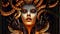 Illustration of Medusa, female face with snake skin forhead and numerous snakes in place of her hair
