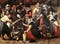 detail of late 16th century painting The Village Feast by Hans Bol showing a gathering of men, women and children haggling