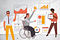 An illustration shows 3 people and a range of graphs and business looking assets