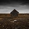 A desolate shack in the middle of a dry field on a cloudy day.