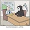 Cartoon about a funeral director discussing the Grim Reaper’s slipping sales goals