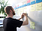 A bearded man writing post-its on a wall to create a user story map.