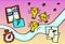 An illustration of a window, file folder with a lightning bolt, cat light bulbs, stars, paper and pen, and timer all floating