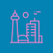 A pink line drawing of a group of space-age looking buildings