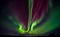 Wavy bands of green and purple light up the night sky of stars over a horizon of trees.