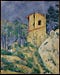 Painting of a cracked yellow house on top of a hill.