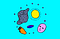 A face, a hand, a spiky blob, a sun, and a hole float in the air within a ring of dots