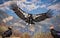 two California condors standing while another condor lands in the middle with wings outstretched