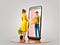 A Barbie figurine facing a Ken figurine inside of a phone on top of a wooden table.