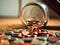 jar tipped on side, coins spilling out onto floor