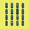 An aerial view of 16 blue cars on yellow background.