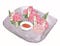 Watercolor illustration of small pieces of meat and two dipping bowls of sauce on a square gray platter.