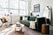 Blueground furnished apartment living room with statement green couch and vintage rug