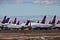 A fleet of Delta Airlines jets parked at the Southern California Logistics Airport (SCLA) due to decreased air travel.