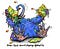 A funny blue monster addicted to mango gummies rips appart several bags and eats them all