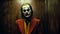 Joaquin Phoenix, as the Joker, with crisp clown makeup on, including blue triangles above and below his eyes, and a red smile