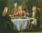 An old painting of three gentlemen sitting around a table drinking wine