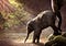 An adult elephant nudges a baby elephant towards a watering hole. Rays of light are shining through the trees.