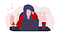 Drawing of person sitting at desk using laptop while talking on a phone. Coffee cup is on their left, a plant is on their right, while shadow images of more people are displayed in the background