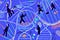 Illustration of figures with location trackers overhead walking through DNA and cells