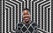 Nontsikelelo in a black-&-white diamond patterned sweater photoshopped onto a background of stylized black braids on white