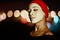 woman with closed eyes, face mask and red headband in front of bokeh