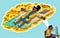 Illustration of a man working at a computer daydreaming of being a rich man lying on a big check.
