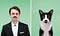 A young man with a trimmed mustache and suit poses next to a black and white cat with a mustache-like face marking