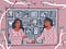 Light purple background. Two women are standing holding hands. Behind them is a wall with many framed pictures.