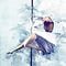 watercolor painting of pole dancer in an elegant outfit striking a pose on a pole