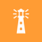 A white lighthouse against an orange background.