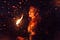 Woman with long hair, holding a torch in the dark, wearing a chainmail costume and looking like a gorgeous badass